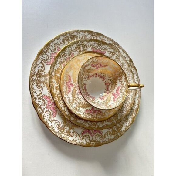 John Ansley Bone China 7986 00 Place Setting Gold Leaf Ornate Pink Vtg - Picture 2 of 16